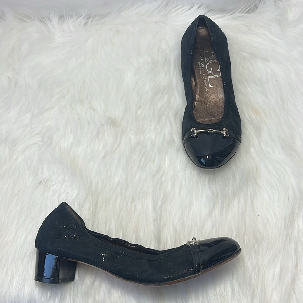 AGL Attilio Giusti Leombuni Black Metallic Cap Toe Horse Bit Heel Sz 39.5/US 7.5